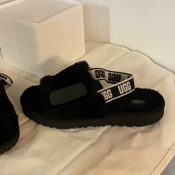 UGG Fluff Yeah Genuine Shearling Slingback Sandals, Size 6, Black - Picture 4 of 7